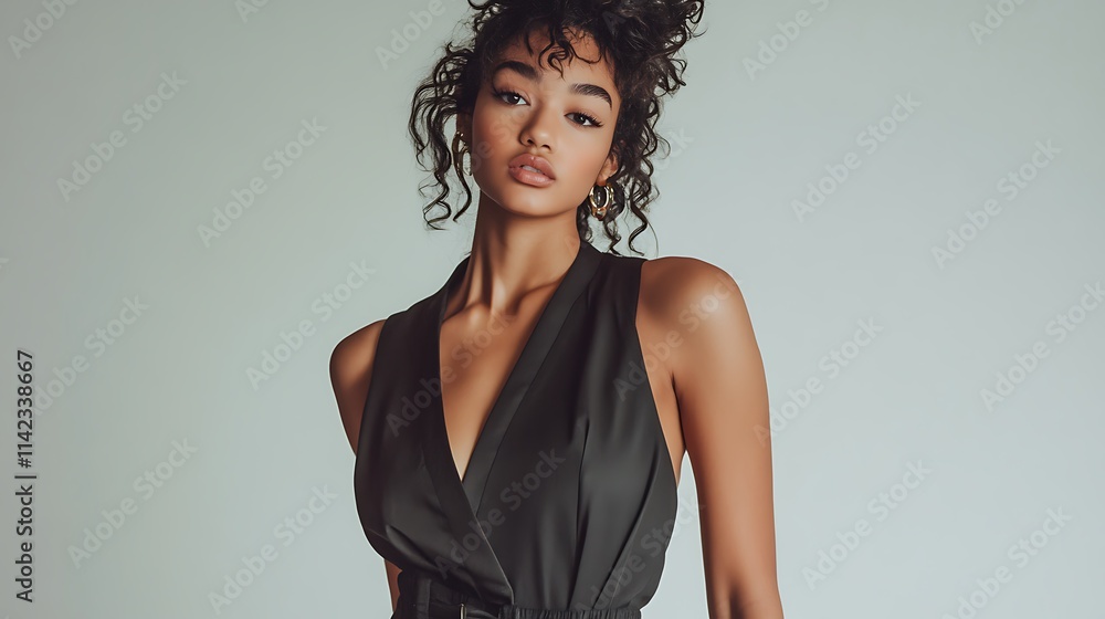 Female model in a chic contemporary jumpsuit, posing confidently in front of soft white lighting,