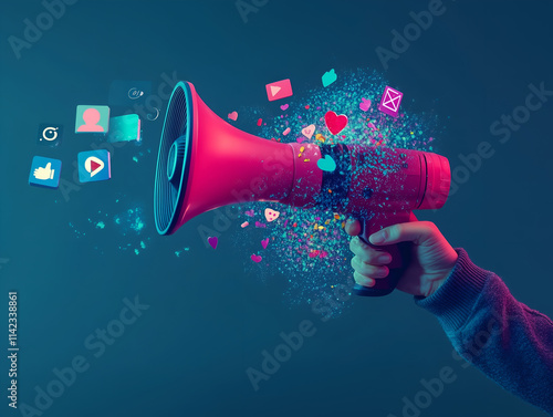 A hand holding a red megaphone emits colorful social media icons, representing communication, marketing, and digital engagement on a vibrant background.