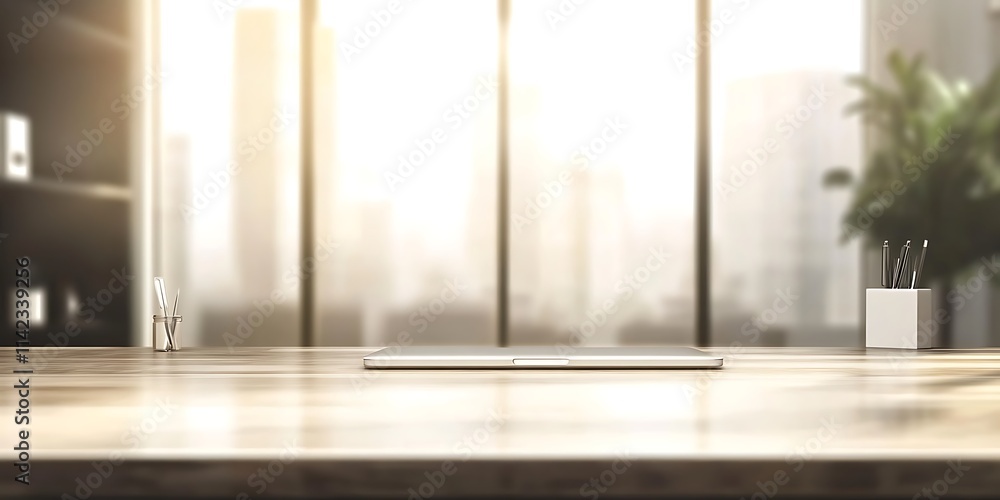 Clean office desk with laptop and stationery, minimalistic business theme