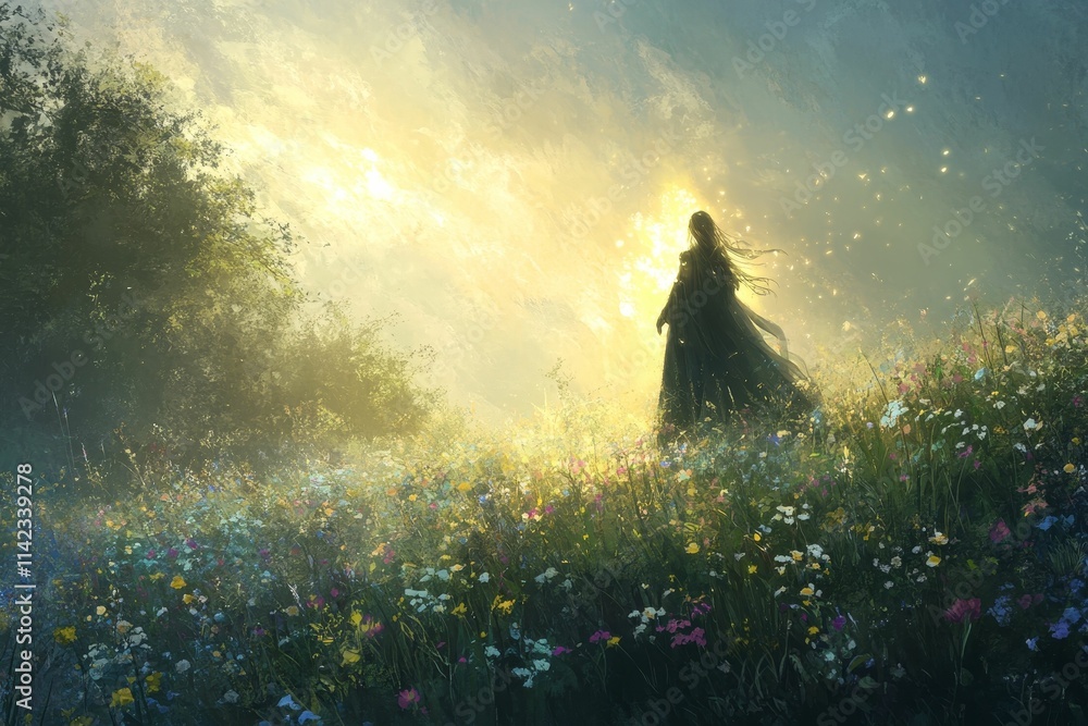 Figure in robe stands in radiant, flowered meadow. Figure in robe stands in radiant, flowered meadow.