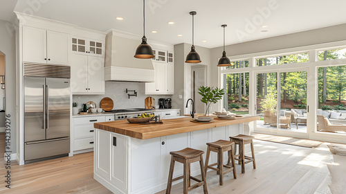 A kitchen with a wooden island and a large window. The kitchen is clean and well-lit, with a modern design. Scene is warm and inviting