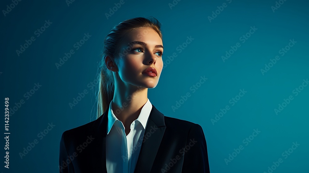 Assertive female model in sleek tailored suit, minimalist background with directional lighting,