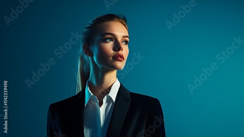 Obraz na płótnie Assertive female model in sleek tailored suit, minimalist background with directional lighting, w salonie