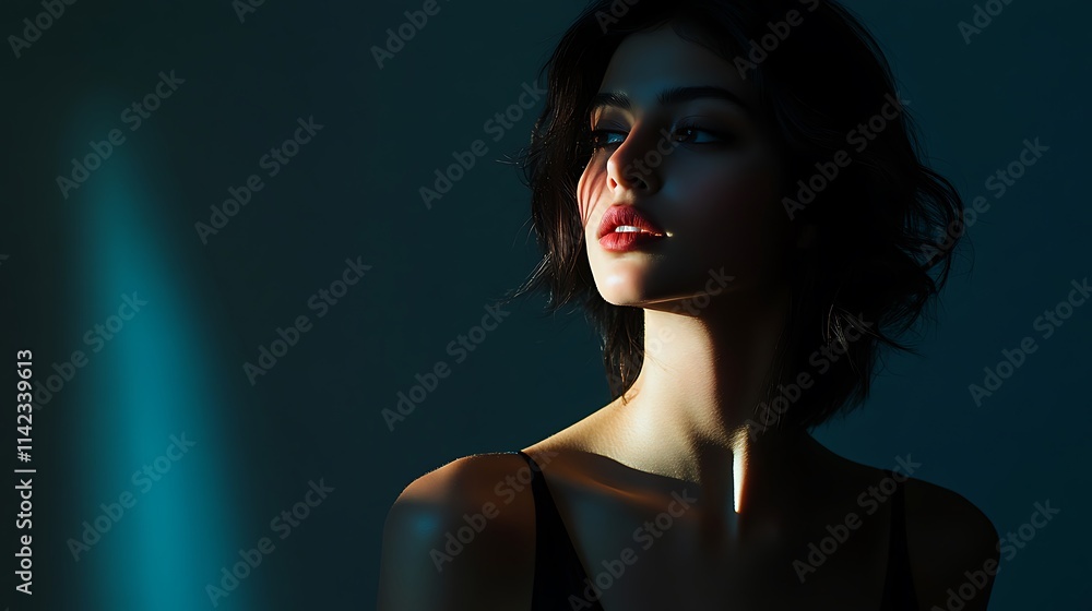 Female model in minimalist contemporary wear, posing under subtle lighting