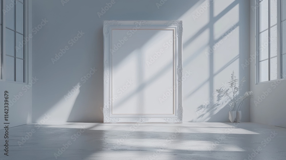 Fototapeta premium Bright and Minimalist Room with Empty Frame and Soft Shadow Light Play