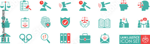 The Law and Justice icons set is in solid style, It contains justice law, court legal, lawyer, judgment, authority and more