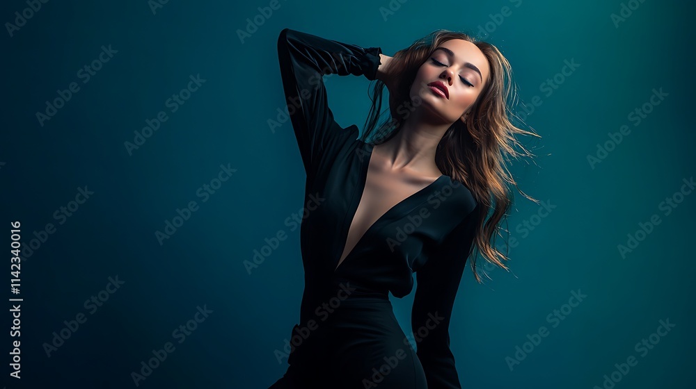 Female model in contemporary black jumpsuit, posing assertively under dramatic lighting