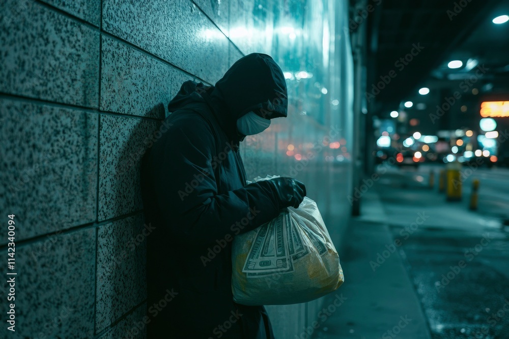 Hooded Figure Examining Stolen Money At Night Hooded Figure Examining Stolen Money At Night