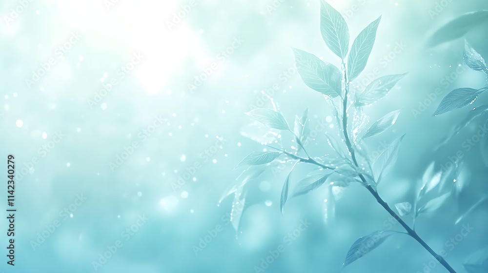 Gentle rainfall on a window, soft bokeh effect, peaceful light blue background