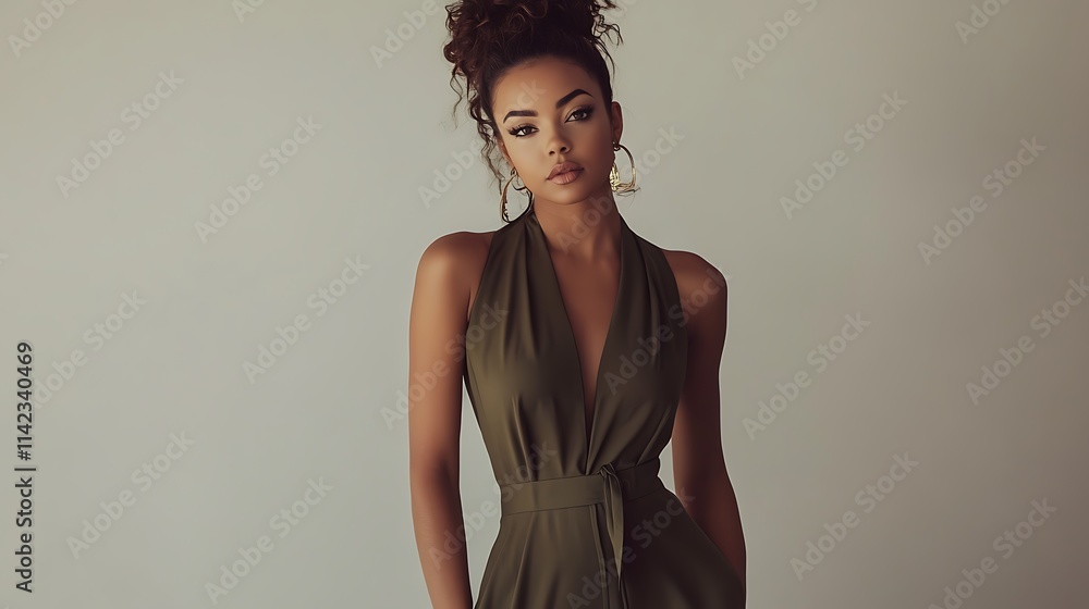 Female model in a chic contemporary jumpsuit, posing confidently in front of soft white lighting,