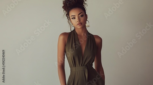 Female model in a chic contemporary jumpsuit, posing confidently in front of soft white lighting,
