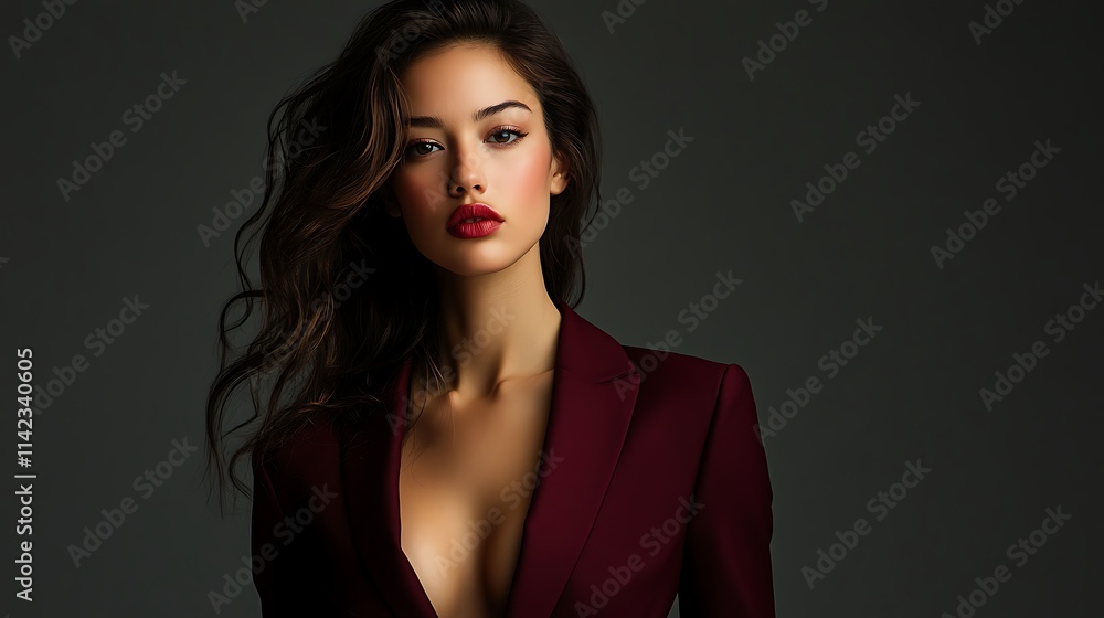 Female model in a sophisticated burgundy blazer, standing confidently with minimal studio lighting creating depth,