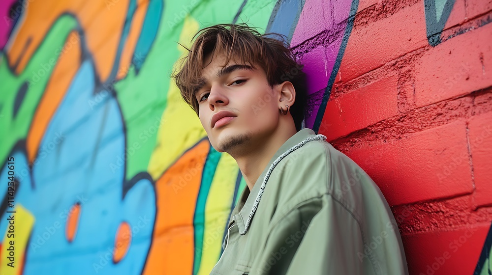 Young male model posing confidently against a colorful graffiti wall