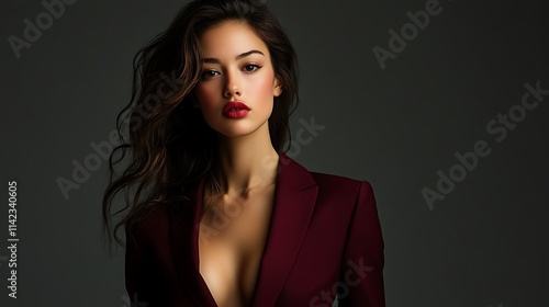 Obraz na płótnie Female model in a sophisticated burgundy blazer, standing confidently with minimal studio lighting creating depth, w salonie