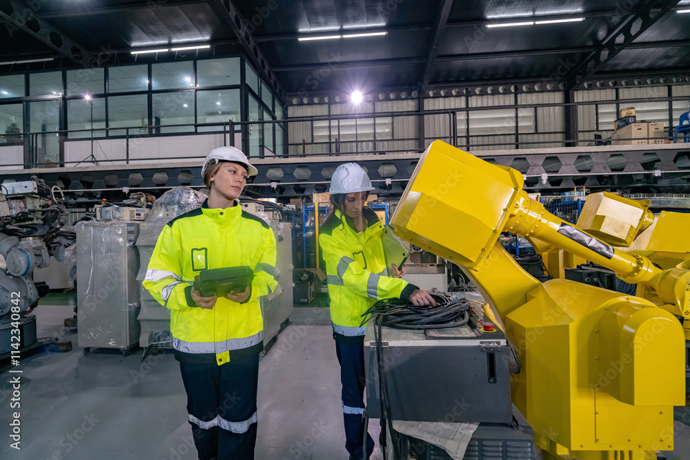 Workers Inspect Robotic Equipment in a Modern Industrial Facility While Ensuring Safety Protocols
