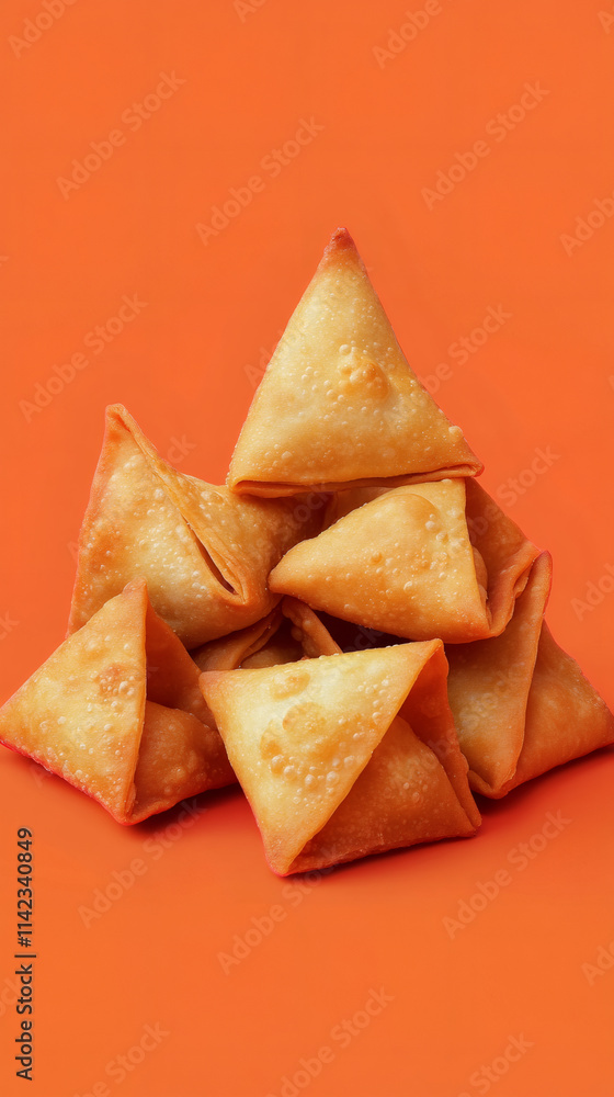 Delicious samosas creating a visually appealing pyramid on a vibrant orange backdrop, perfect for ramadan Delicious samosas creating a visually appealing pyramid on a vibrant orange backdrop, perfect for ramadan