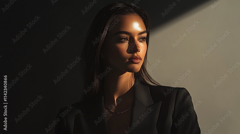 Female model in sleek corporate attire, standing confidently with sharp lighting for a professional advertisement