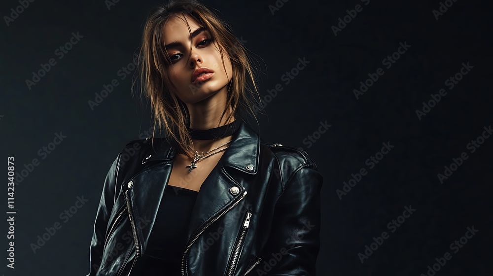Female model in edgy biker inspired leather attire, standing confidently