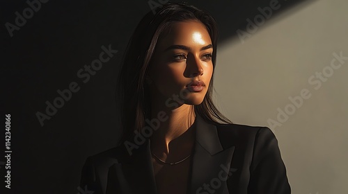 Obraz na płótnie Female model in sleek corporate attire, standing confidently with sharp lighting for a professional advertisement w salonie
