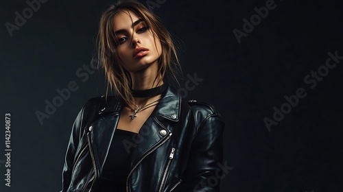 Obraz na płótnie Female model in edgy biker inspired leather attire, standing confidently w salonie