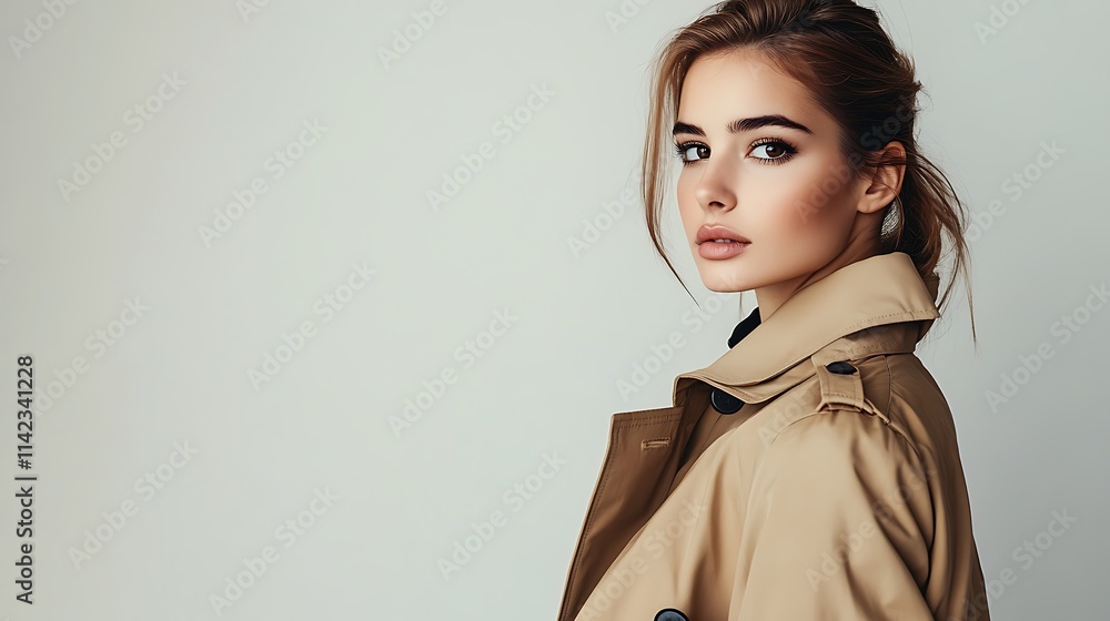 Female model in classic trench coat, standing stylishly in high fashion