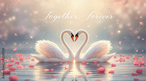 Romantic swan heart illustration, soft colors, perfect for Valentine's Day card design