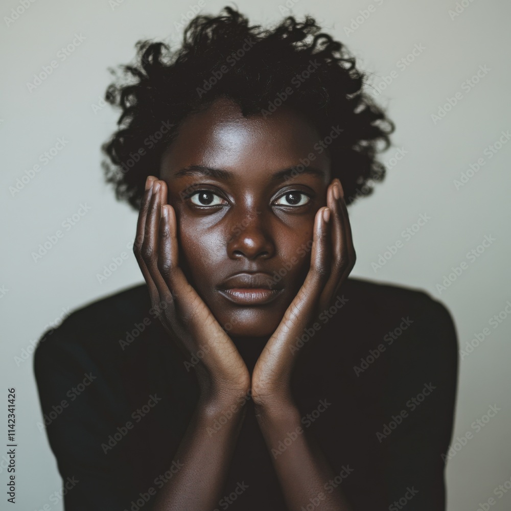 portrait of a person with dark skin resting their face in their hands portrait of a person with dark skin resting their face in their hands