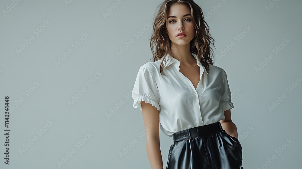 Female model in chic leather skirt and blouse, standing confidently in modern studio