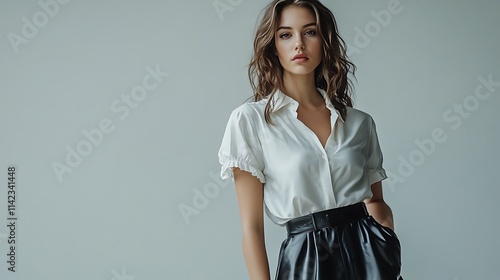Obraz na płótnie Female model in chic leather skirt and blouse, standing confidently in modern studio w salonie