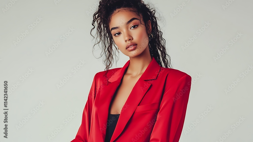 Female model in a chic red blazer, striking a confident pose in a bright studio