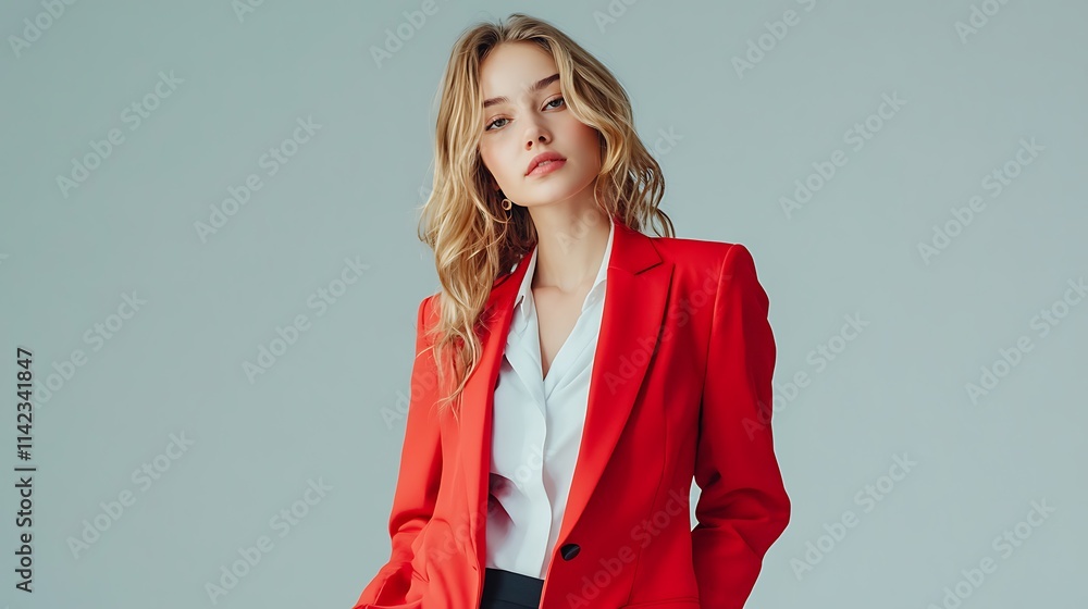Female model in a chic red blazer, striking a confident pose in a bright studio