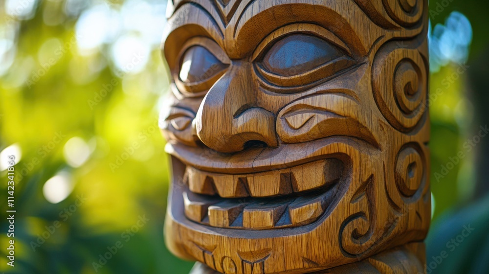 close up of a carved wooden tiki face with bokeh background close up of a carved wooden tiki face with bokeh background