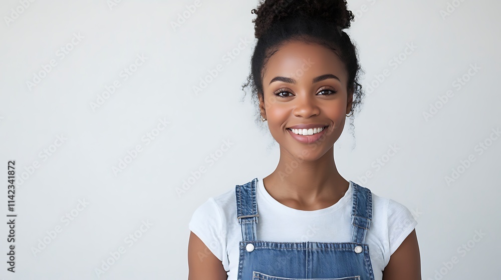 Female model in casual denim overalls, smiling warmly against a neutral background