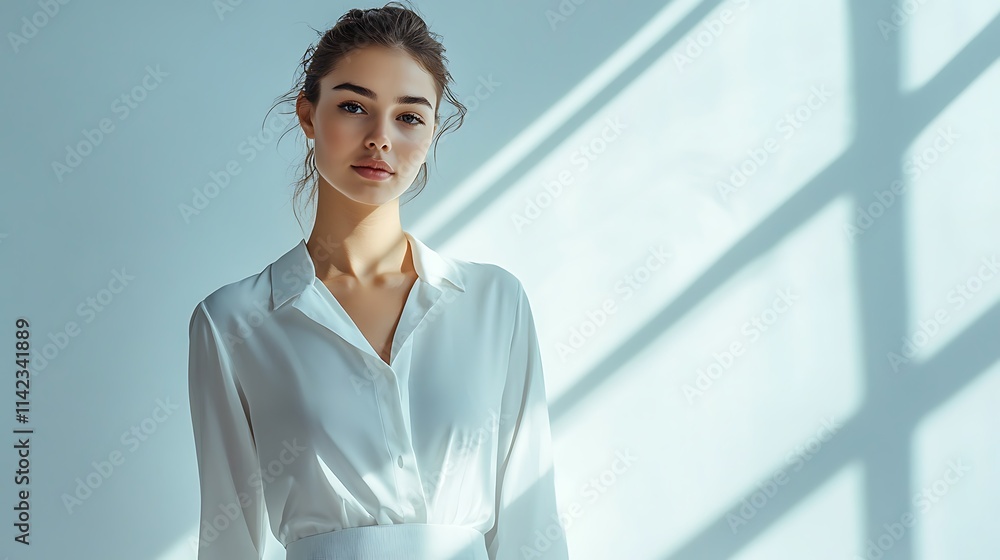 Female model in tailored white blouse and skirt, posing confidently against a clean, modern backdrop