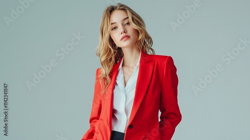 Obraz na płótnie Female model in a chic red blazer, striking a confident pose in a bright studio w salonie
