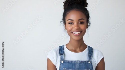 Obraz na płótnie Female model in casual denim overalls, smiling warmly against a neutral background w salonie
