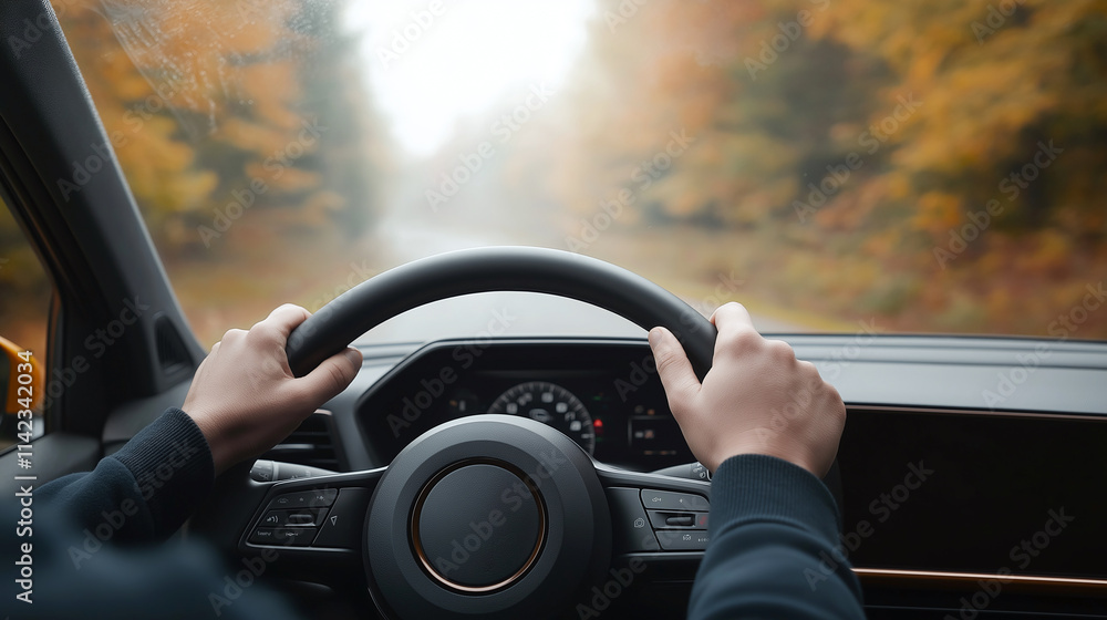 Driving hands grip steering wheel on foggy autumn road, surrounded by colorful trees. atmosphere is calm and serene, perfect for peaceful drive Driving hands grip steering wheel on foggy autumn road, surrounded by colorful trees. atmosphere is calm and serene, perfect for peaceful drive