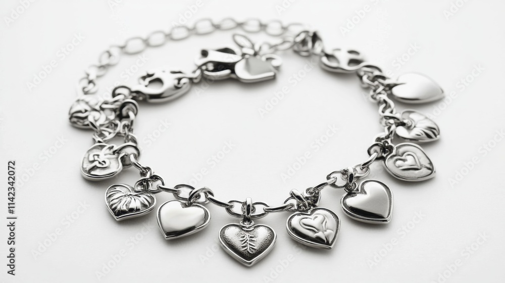 Silver Charm Bracelet with Heart-Shaped Pendants and Details