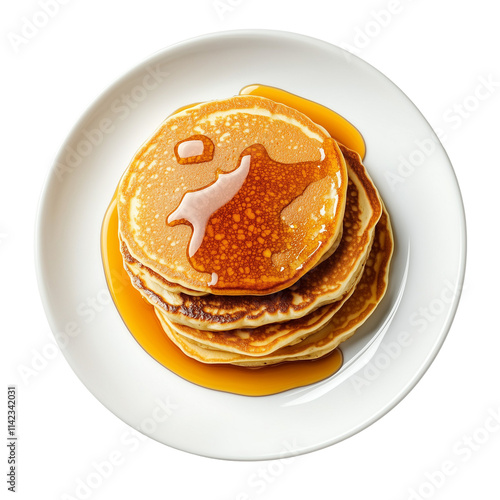 Stack of Pancakes with Maple Syrup Isolated on White and Transparent Background, Top View