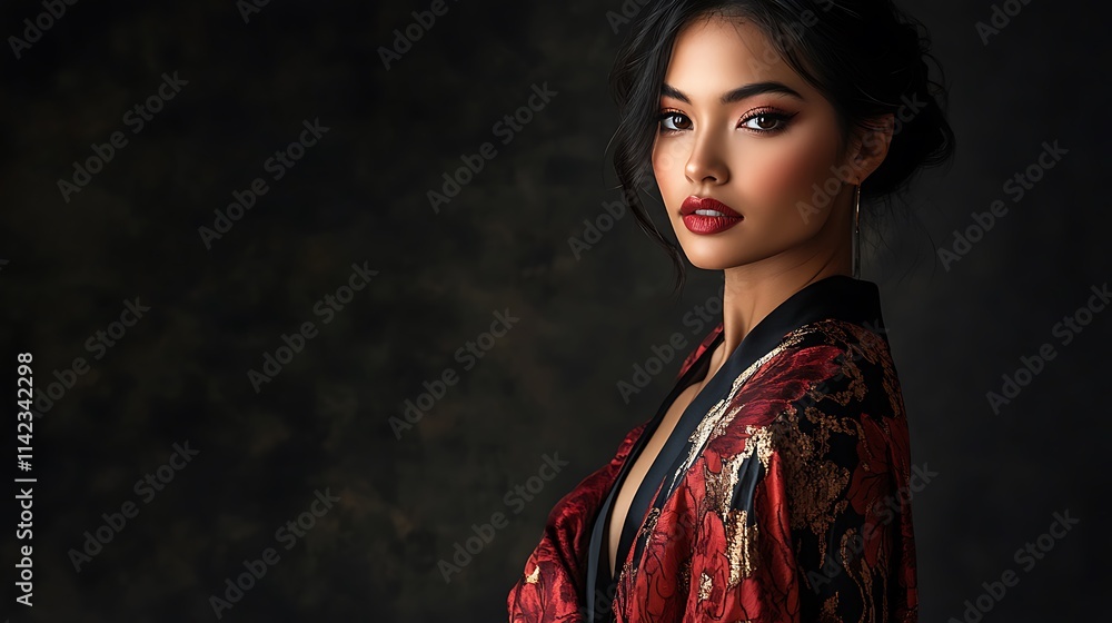 Female model in glamorous silk robe, standing serenely with luxurious lighting and ambiance, studio photo