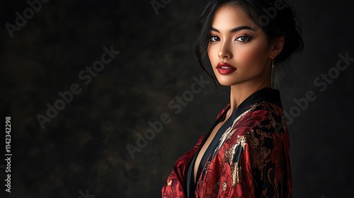 Obraz na płótnie Female model in glamorous silk robe, standing serenely with luxurious lighting and ambiance, studio photo w salonie