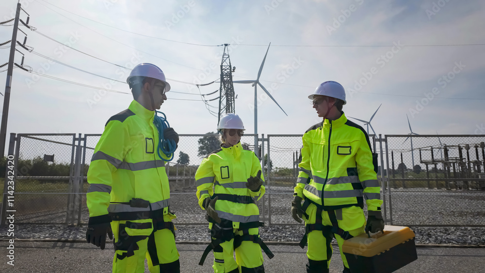 Workers Discuss Maintenance Near a Wind Farm and Power Station on a Sunny Day
