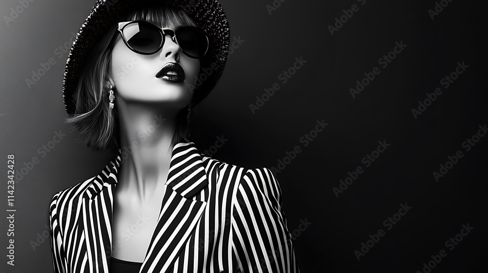 Edgy female model in black and white striped outfit, sharp lighting,
