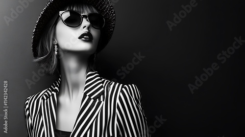 Obraz na płótnie Edgy female model in black and white striped outfit, sharp lighting, w salonie