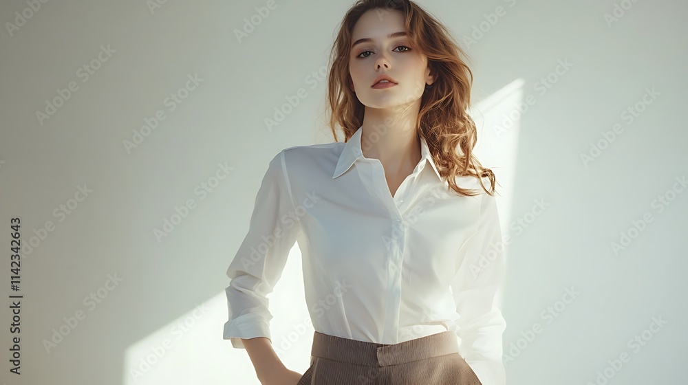 Confident female model in white shirt and tailored pants, clean studio lighting,
