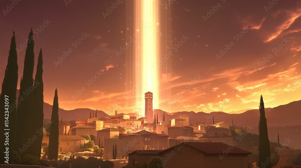 Obraz premium Sunset illuminates town; light beam pierces sky.