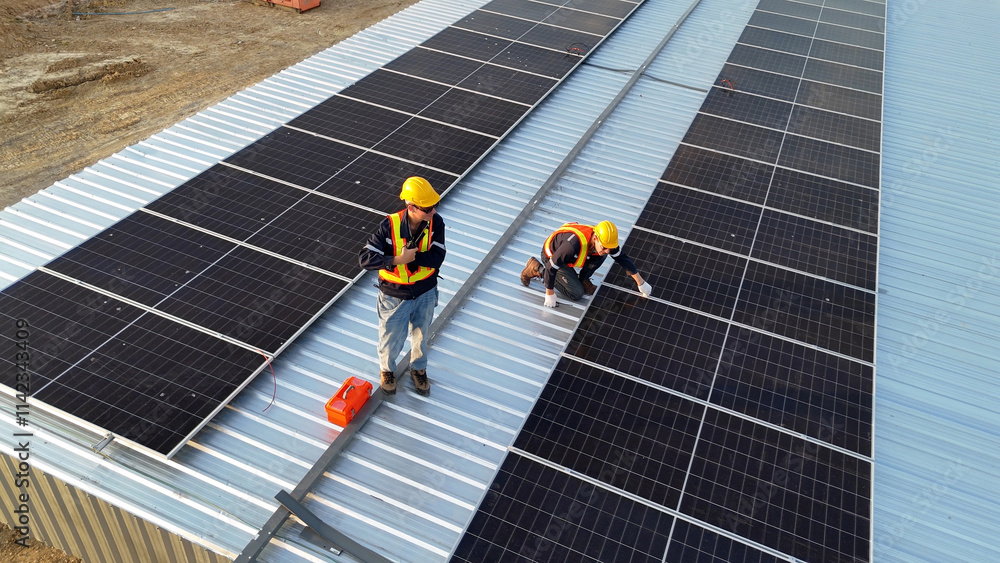 Workers Installing Solar Panels on a Metal Rooftop During a Clear Daytime Workers Installing Solar Panels on a Metal Rooftop During a Clear Daytime