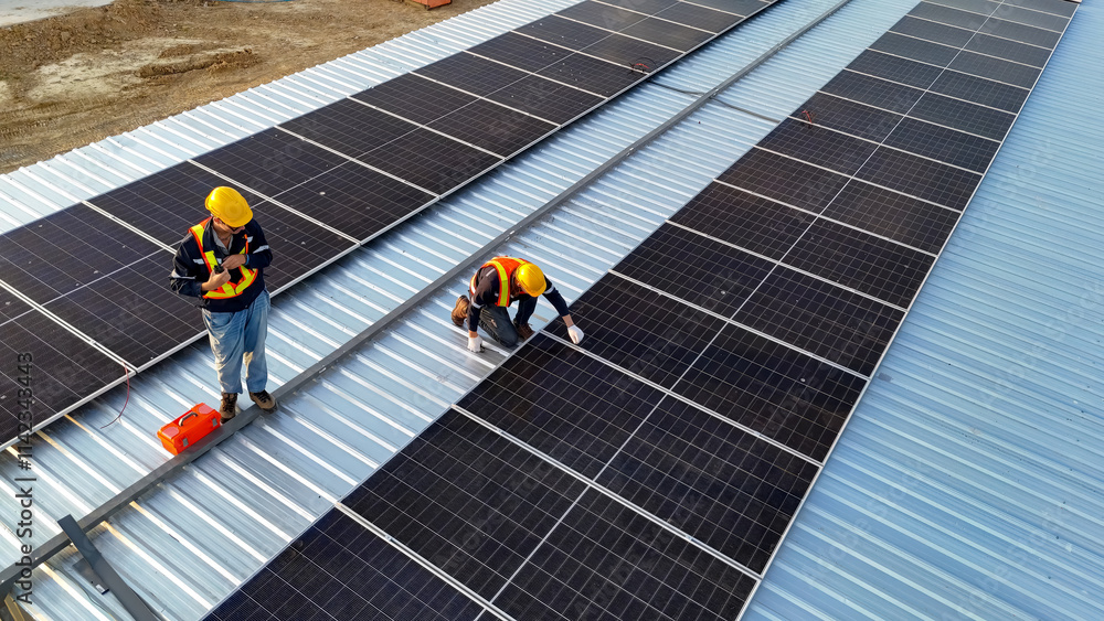 Two Workers Installing Solar Panels on a Rooftop in a Construction Project Two Workers Installing Solar Panels on a Rooftop in a Construction Project
