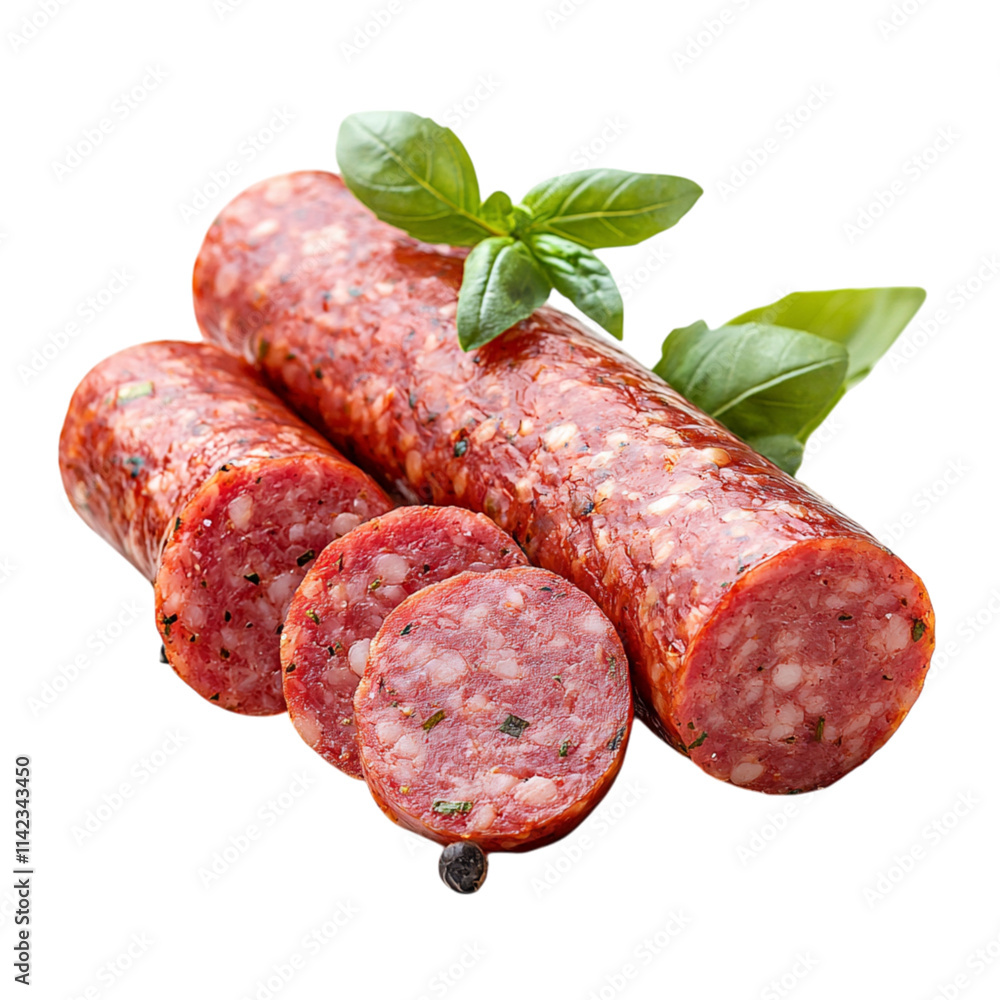 Sliced smoked sausage with fresh basil leaves on black background, showcasing its rich texture and flavor. Perfect for culinary presentations and gourmet dishes Sliced smoked sausage with fresh basil leaves on black background, showcasing its rich texture and flavor. Perfect for culinary presentations and gourmet dishes