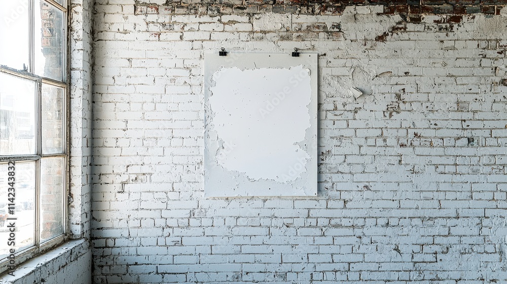 Naklejka premium Blank Canvas on a Weathered Brick Wall in an Industrial Style Interior Space